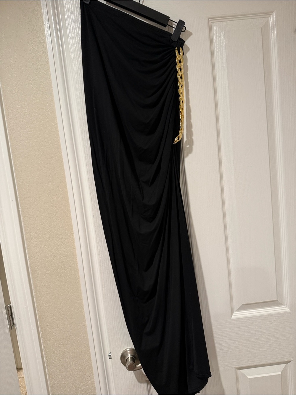 Black Draped Maxi Skirt with Gold Chain Detail Micas